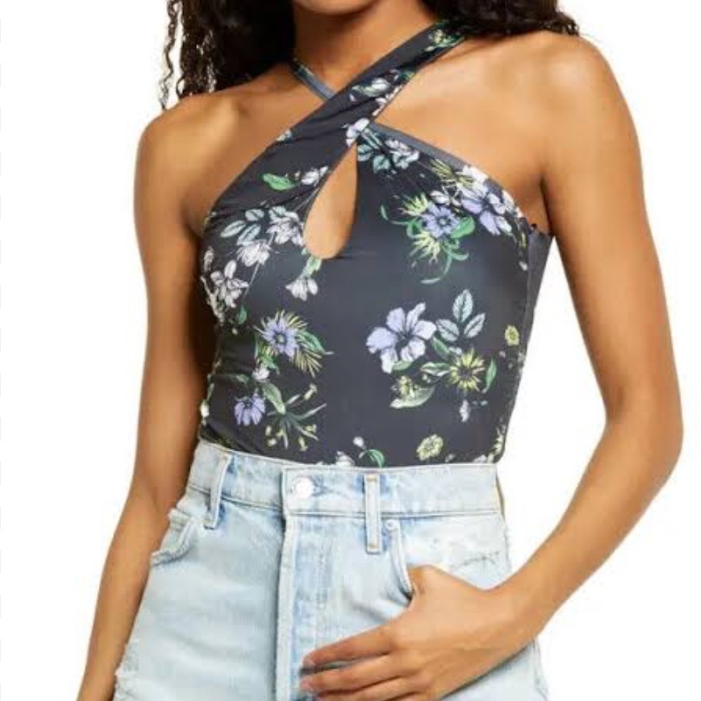 AFRM Floral Cross Neck Halter Thong Bodysuit Size XL NWOT Stretch Top